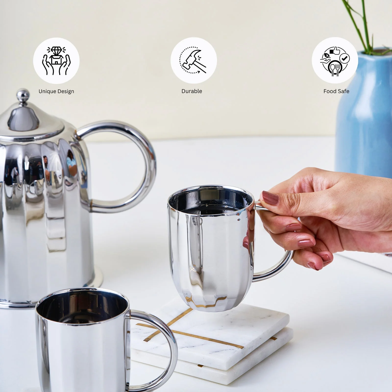 Luxury Dome Stainless Steel Coffee Mug & Pot Set - Image 7