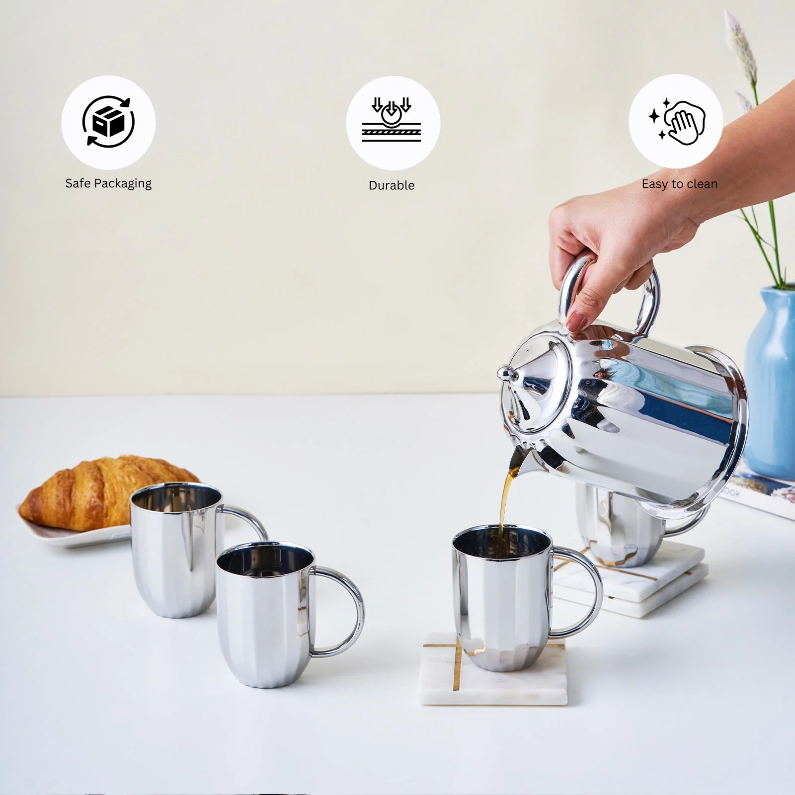 Luxury Dome Stainless Steel Coffee Mug & Pot Set - Image 8
